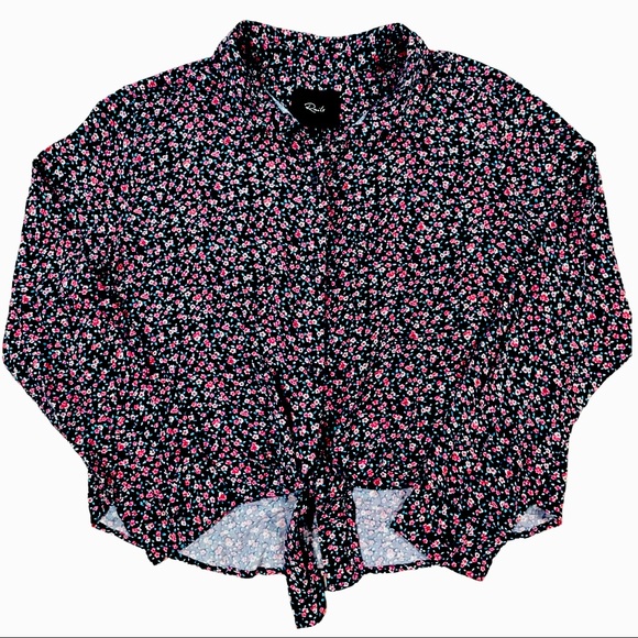 Rails size small long sleeve navy blue button down pink floral front knot shirt - Picture 5 of 16
